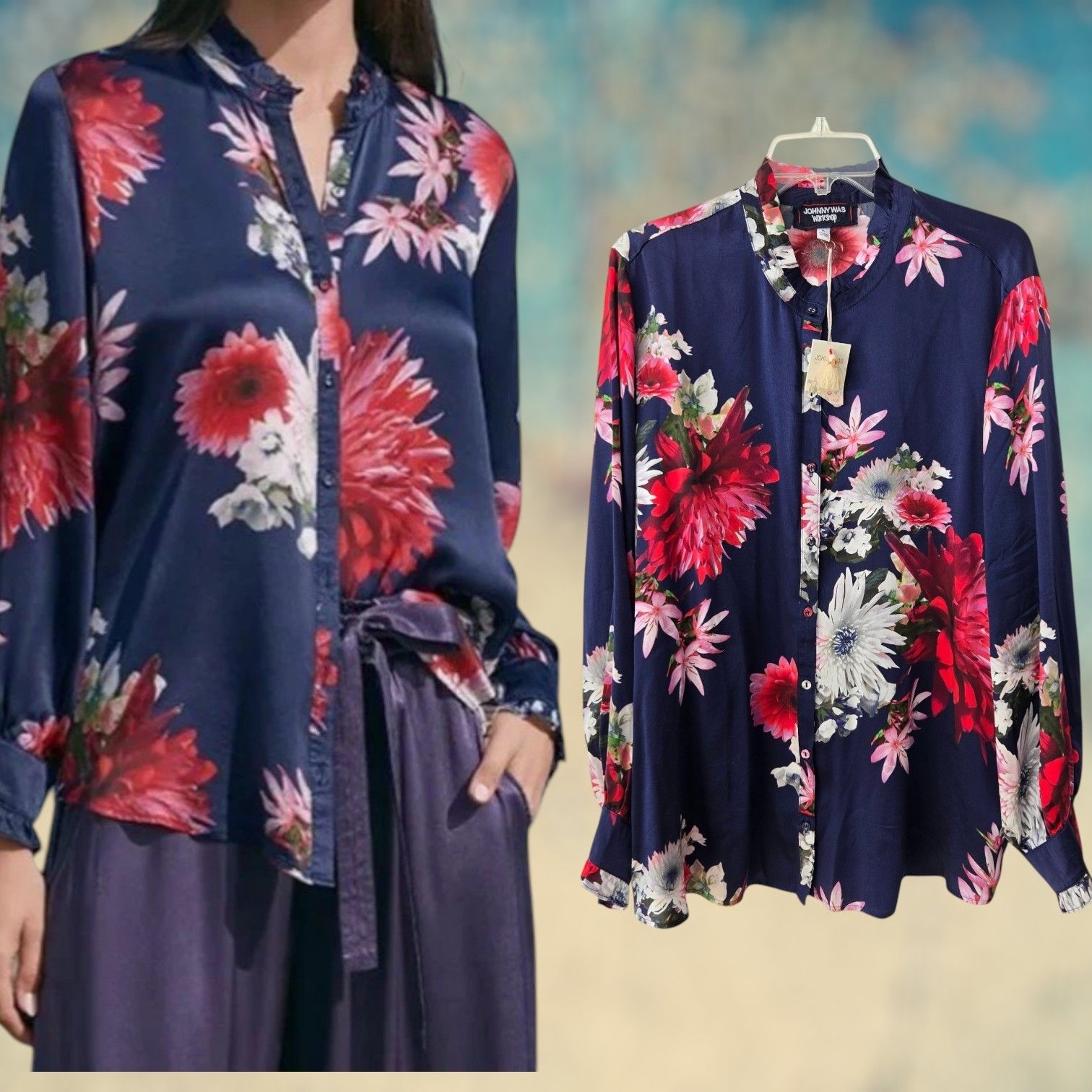 Nwt Johnny Was Aster Blouse 100% Silk Size Xl Floral Navy Modern Luxury Office
